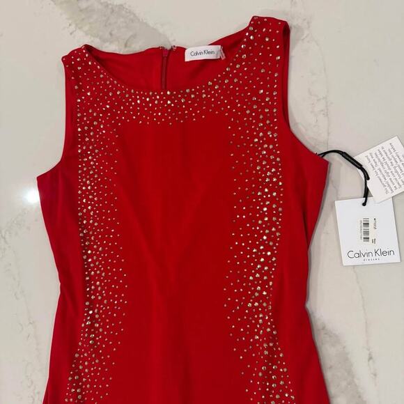 Calvin Klein NWT Silver Studded Panel Stretch Sheath Dress Women's 4 Red Formal - Picture 3 of 9